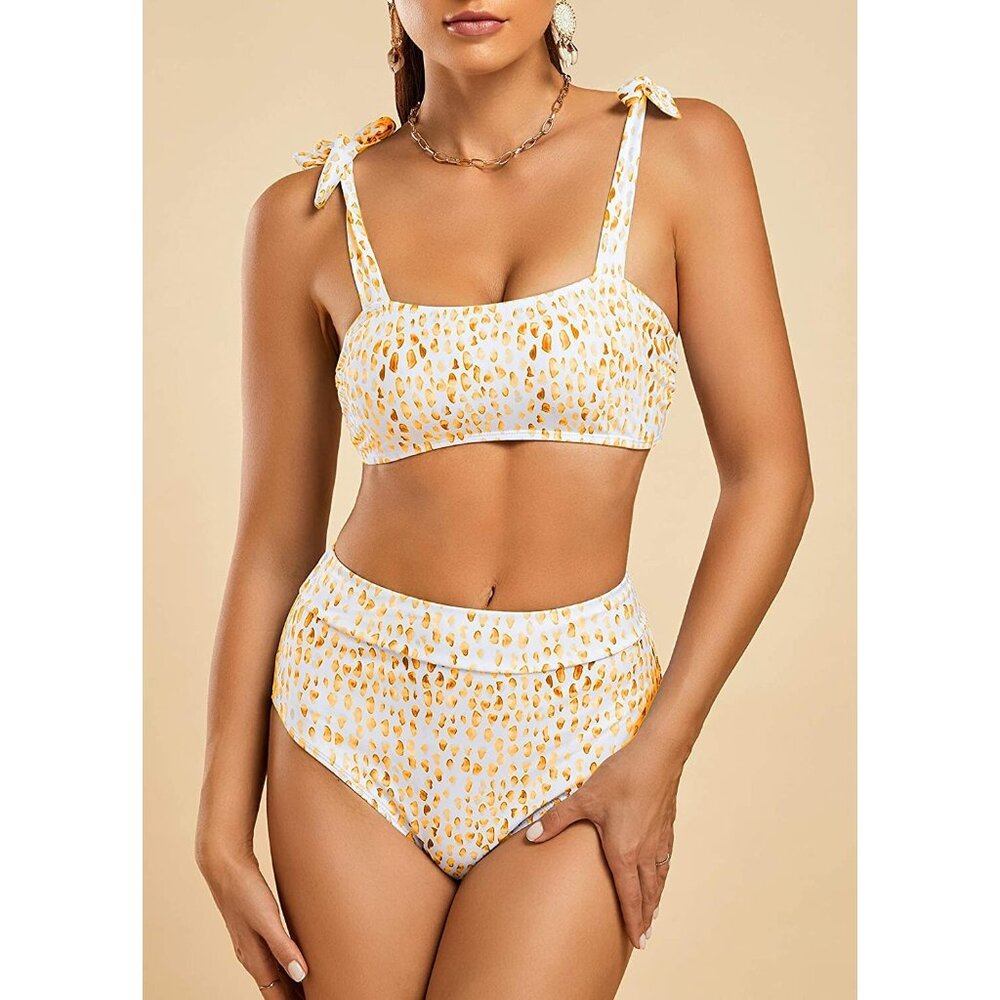 FERBIA Womens SMALL Yellow Giraffe Print Bandeau High-Waisted BIKINI Swimsuit